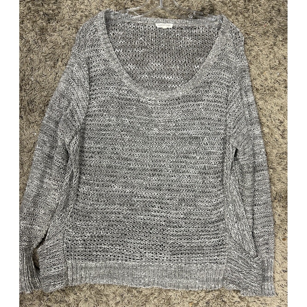 Eileen Fisher Womens Size XL Gray Open Knit Long Sleeve Cotton Sweater (L9)